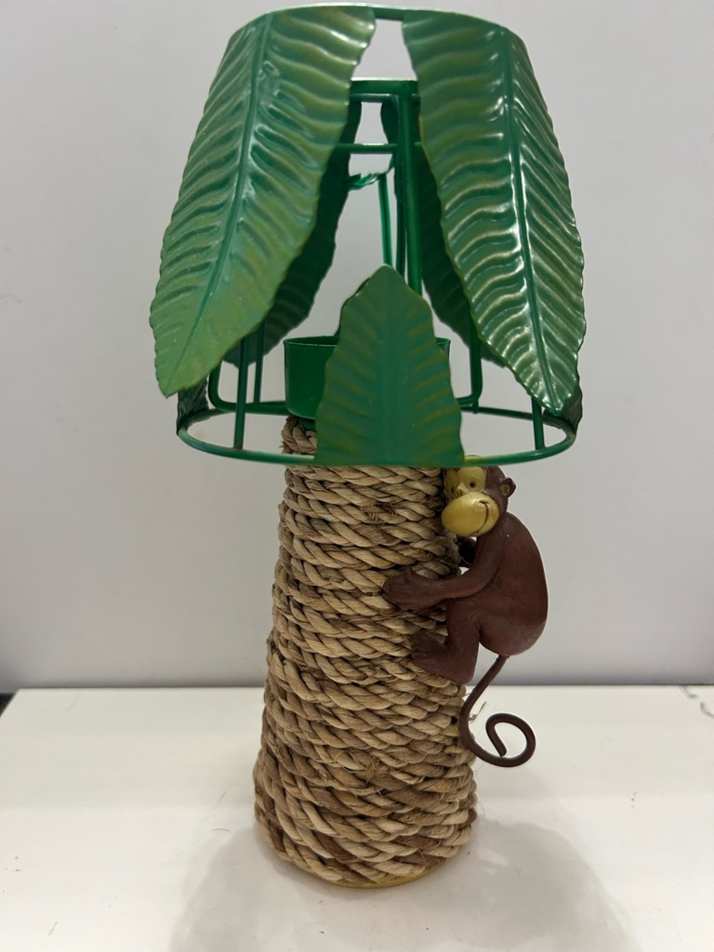 Vintage Wicker & Metal Monkey Palm Tree Tealight Holder Removable Leaf Shade